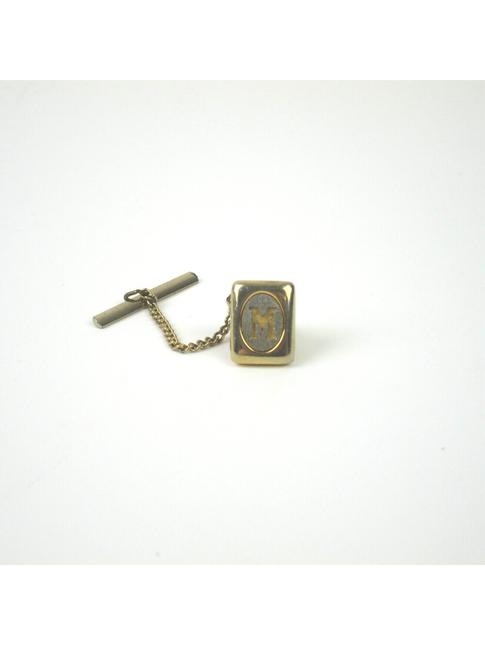 Vintage Monogram Letter M Tie Tack Lapel Pin Gold tone Chain Tie Bar